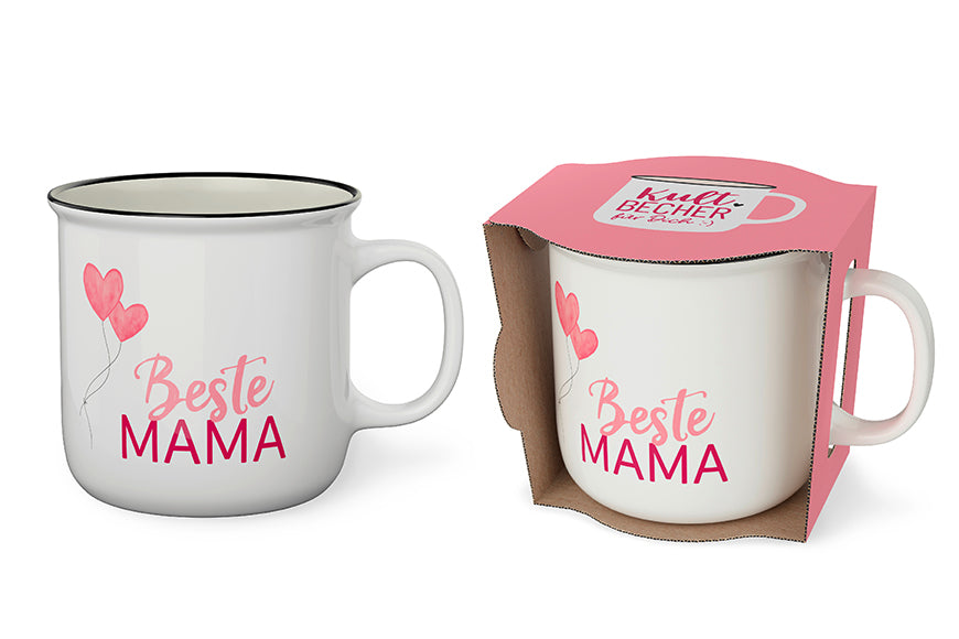 Kultbecher „Beste Mama“ von Geschenk für Dich – weißer Becher aus New Bone China mit rosa Schriftzug & Herz-Luftballons