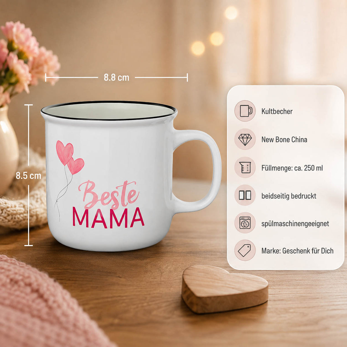 Kultbecher Beste Mama – Highlights: New Bone China, 250 ml, Höhe 85 mm, Durchmesser 88 mm, schwarzer Rand im Retro-Look, beidseitig bedruckt
