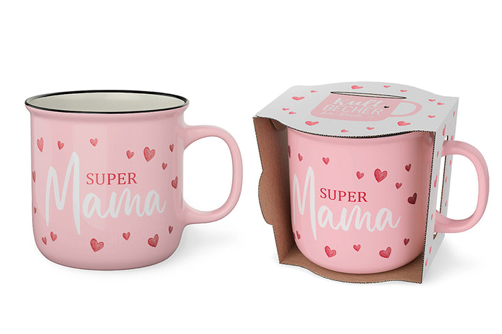 Kultbecher „Super Mama“ von Geschenk für Dich – rosa Becher mit Herzchen & beidseitigem Spruch