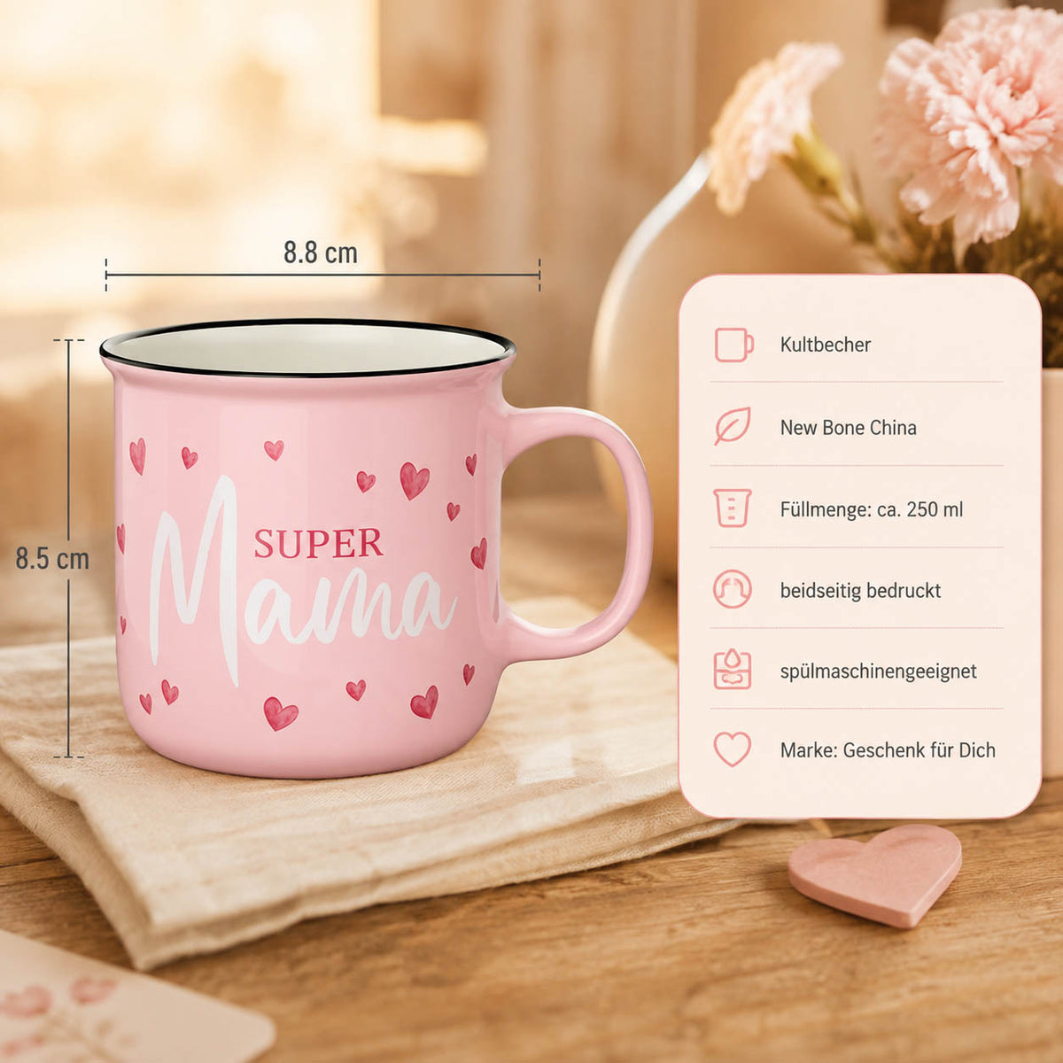 Kultbecher Super Mama – Highlights: New Bone China, 250 ml, Höhe 85 mm, Durchmesser 88 mm, schwarzer Rand im Retro-Look, beidseitig bedruckt