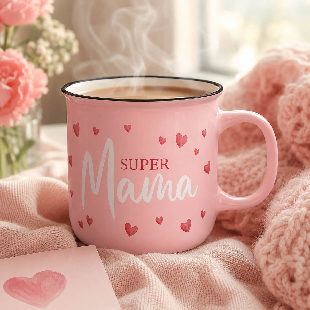Kultbecher „Super Mama“ in Rosa mit kleinen Herzen, stimmungsvoll in Szene gesetzt – Geschenk für Dich