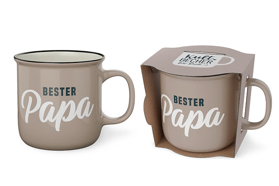 Kultbecher „Bester Papa“ von Geschenk für Dich – beigefarbener New-Bone-China-Becher mit beidseitigem Spruch