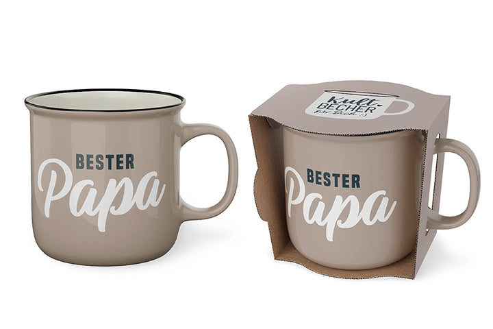 Kultbecher „Bester Papa“ von Geschenk für Dich – beigefarbener New-Bone-China-Becher mit beidseitigem Spruch