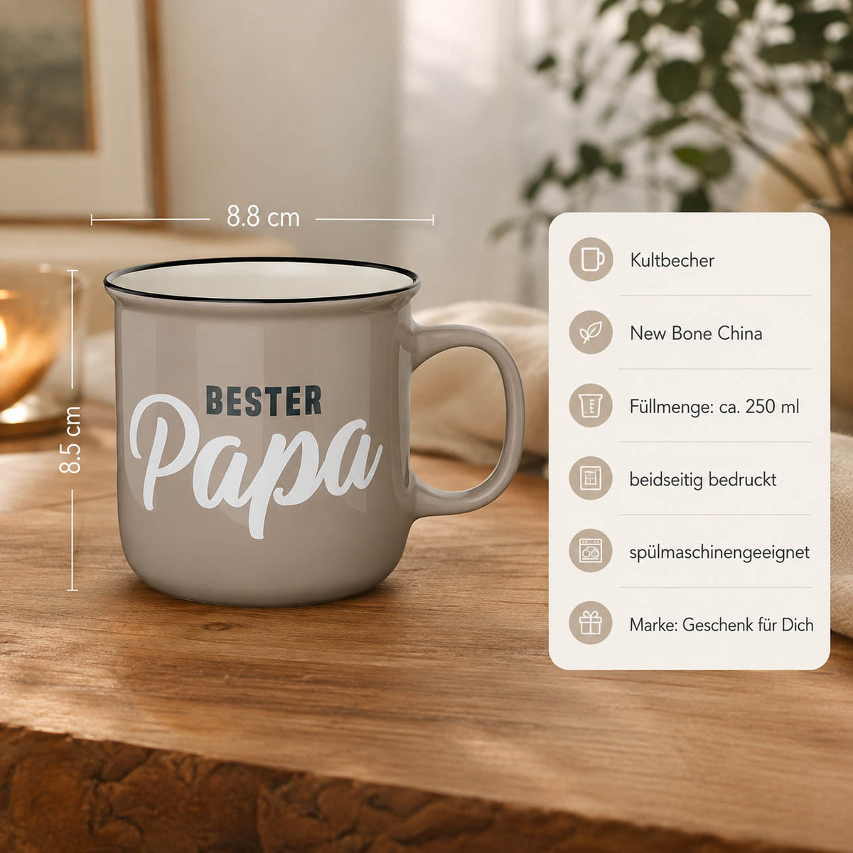 Kultbecher Bester Papa – Highlights: New Bone China, 250 ml, Höhe 85 mm, Durchmesser 88 mm, schwarzer Rand im Retro-Look, beidseitig bedruckt