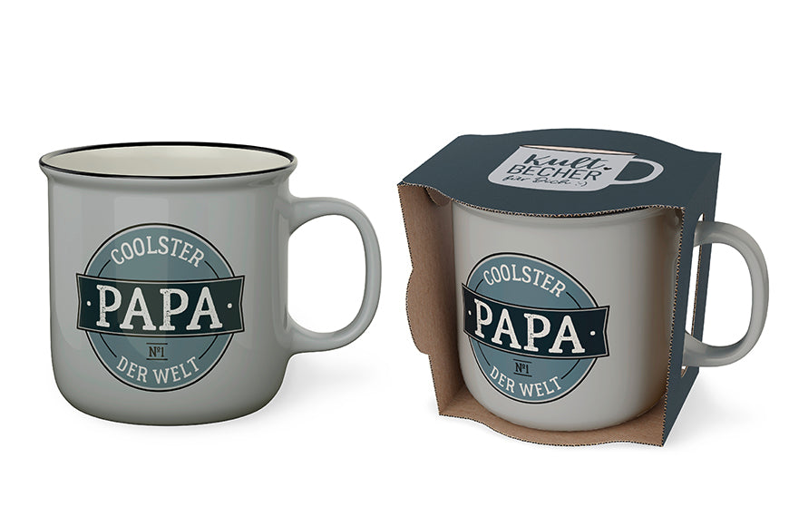 Kultbecher „Coolster Papa der Welt“ von Geschenk für Dich – grauer Becher aus New Bone China mit beidseitigem Spruch