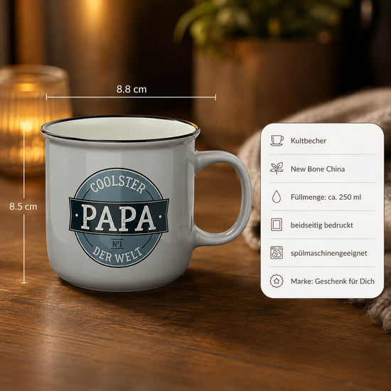 Kultbecher Coolster Papa der Welt – Highlights: New Bone China, 250 ml, Höhe 85 mm, Durchmesser 88 mm, schwarzer Rand im Retro-Look, beidseitig bedruckt