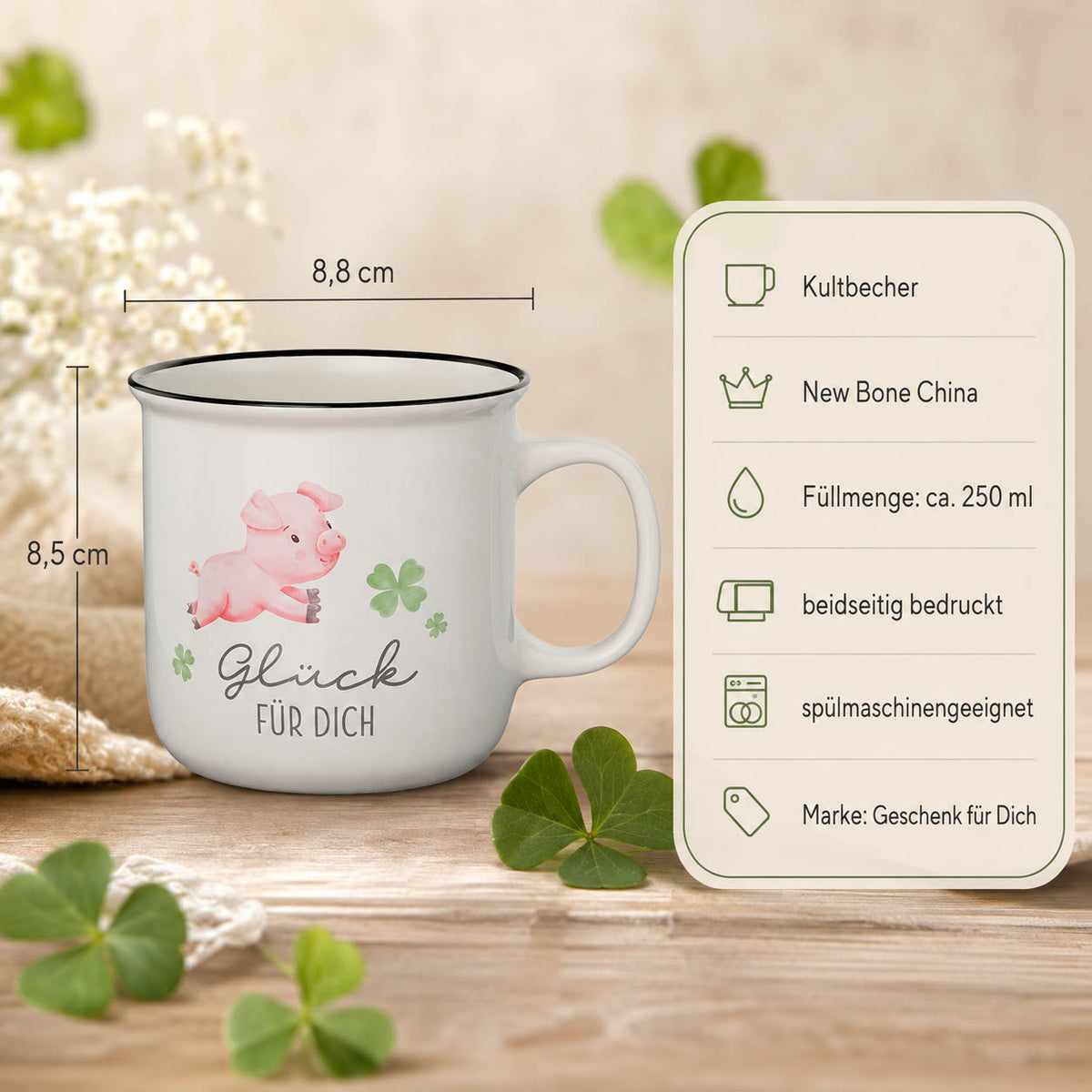 Kultbecher Glück für Dich – Highlights: New Bone China, 250 ml, Höhe 85 mm, Durchmesser 88 mm, schwarzer Rand im Retro-Look, beidseitig bedruckt