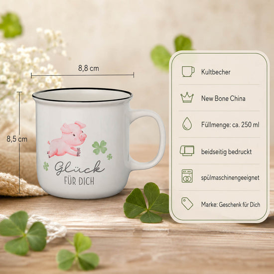 Kultbecher Glück für Dich – Highlights: New Bone China, 250 ml, Höhe 85 mm, Durchmesser 88 mm, schwarzer Rand im Retro-Look, beidseitig bedruckt