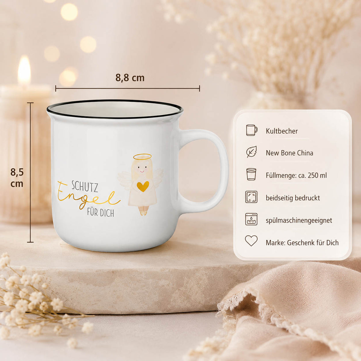 Kultbecher Schutzengel für Dich – Highlights: New Bone China, 250 ml, Höhe 85 mm, Durchmesser 88 mm, schwarzer Rand im Retro-Look, beidseitig bedruckt