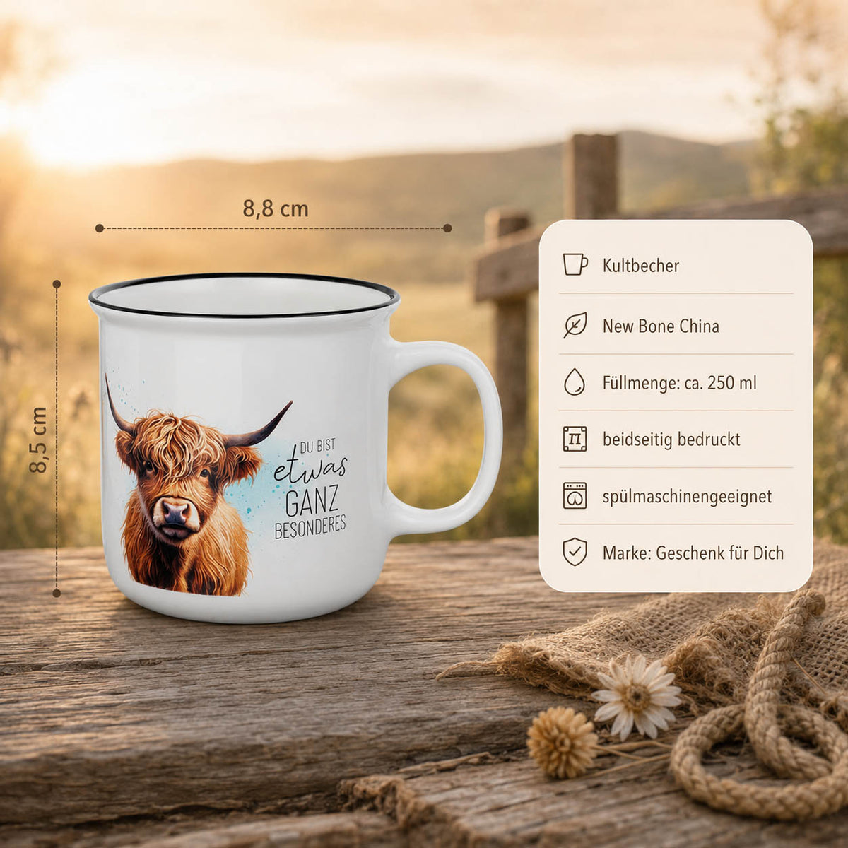 Hochlandrind Geschenk: Kultbecher mit Spruch im Retro-Look – Malou Home Design®