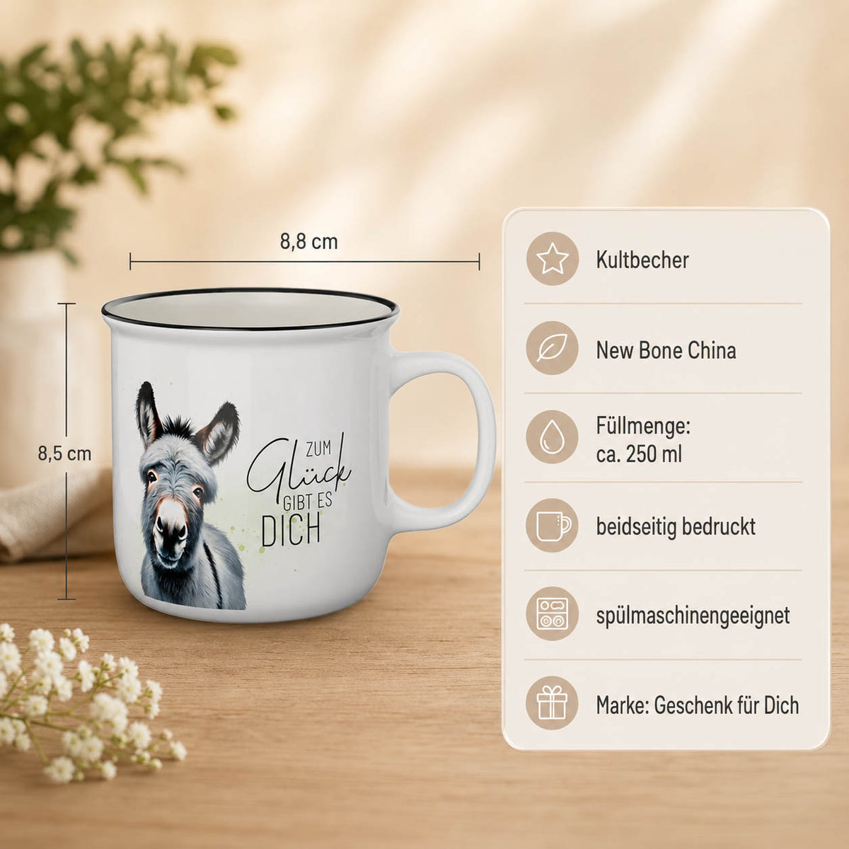 Kultbecher Esel – Highlights: New Bone China, 250 ml, Höhe 85 mm, Durchmesser 88 mm, schwarzer Rand im Retro-Look, beidseitig bedruckt