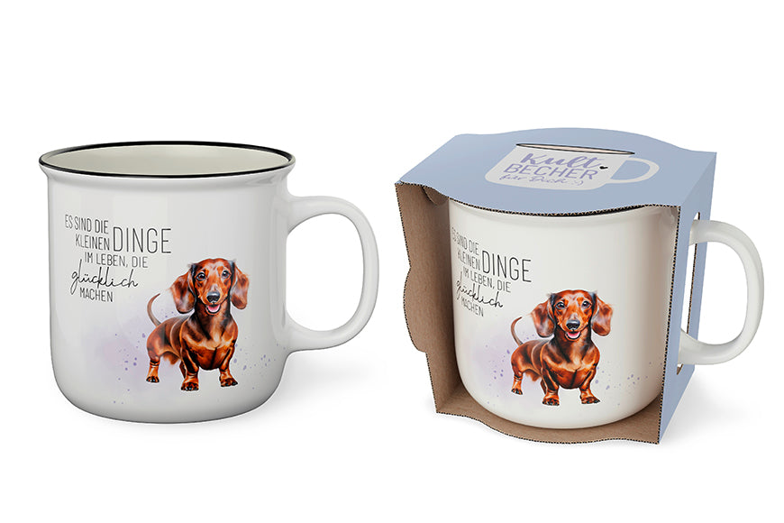 Kultbecher von Geschenk für Dich aus New Bone China, mit Spruch „Es sind die kleinen Dinge im Leben, die glücklich machen“ & Dackel-Motiv