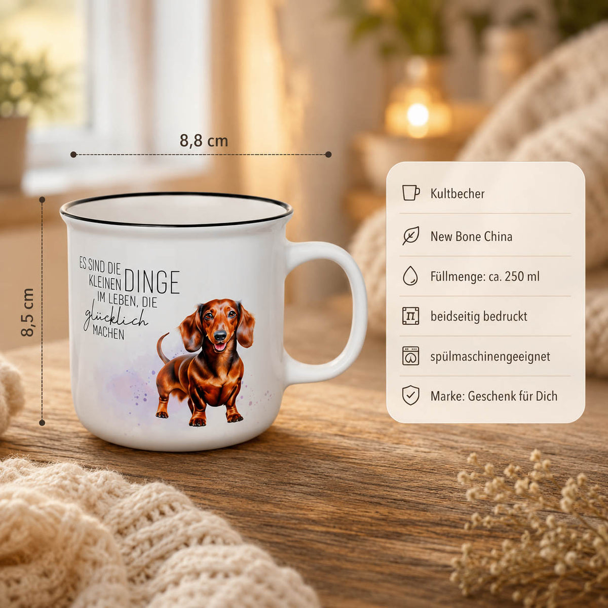 Kultbecher Dackel – Highlights: New Bone China, 250 ml, Höhe 85 mm, Durchmesser 88 mm, schwarzer Rand im Retro-Look, beidseitig bedruckt