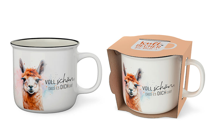 Kultbecher von Geschenk für Dich aus New-Bone-China-Porzellan mit süßem Alpaka Motiv & Spruch „Voll schön, dass es Dich gibt“, beidseitig bedruckt.