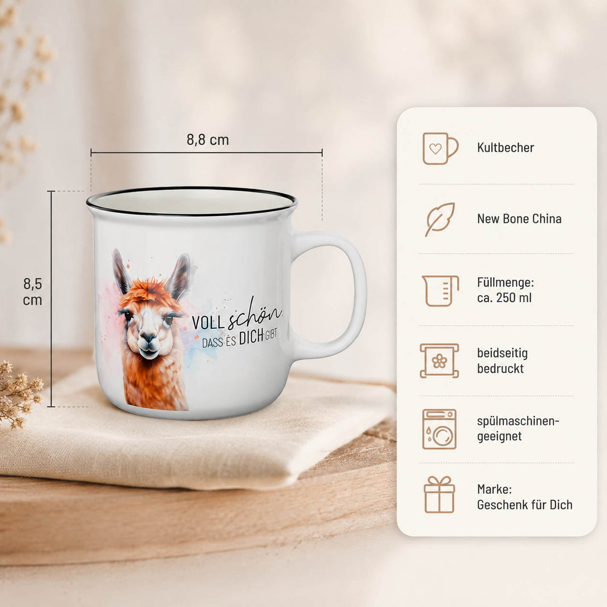 Kultbecher Alpaka – Highlights: New Bone China, 250 ml, Höhe 85 mm, Durchmesser 88 mm, schwarzer Rand im Retro-Look, beidseitig bedruckt