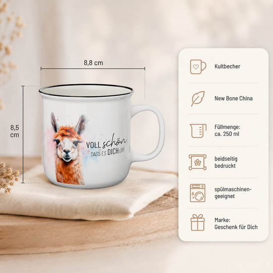 Kultbecher Alpaka – Highlights: New Bone China, 250 ml, Höhe 85 mm, Durchmesser 88 mm, schwarzer Rand im Retro-Look, beidseitig bedruckt