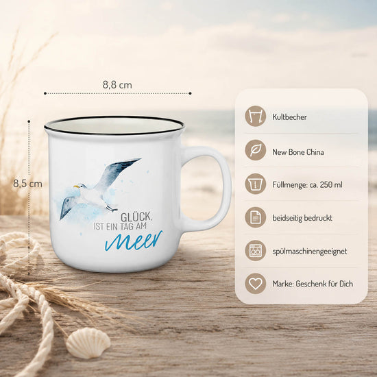 Hellblaue Geschenkverpackung „Kult-Becher für Dich“ mit offener Front, Becher sichtbar