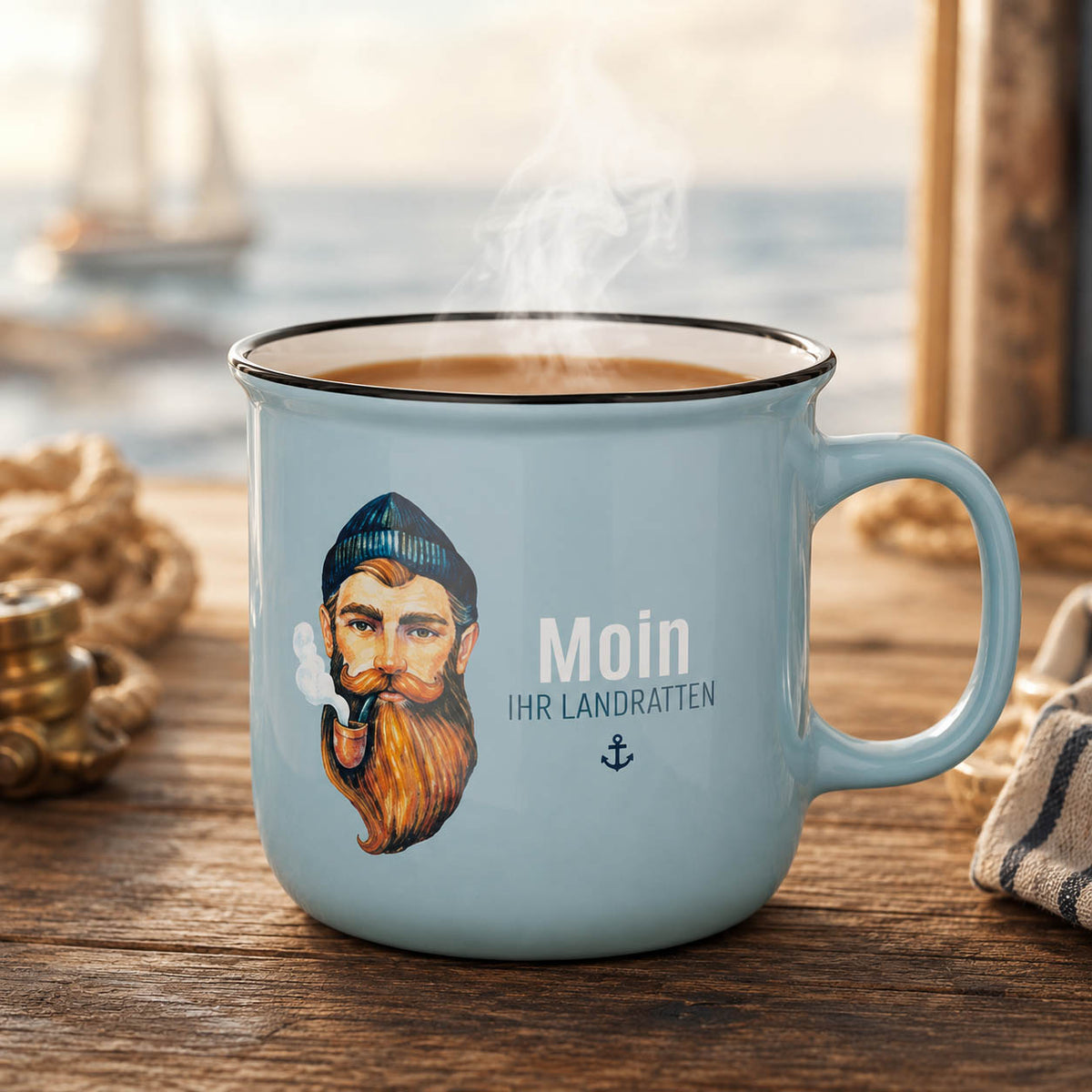 Moin Becher „Moin Ihr Landratten“ mit Seemann-Motiv beim Frühstück