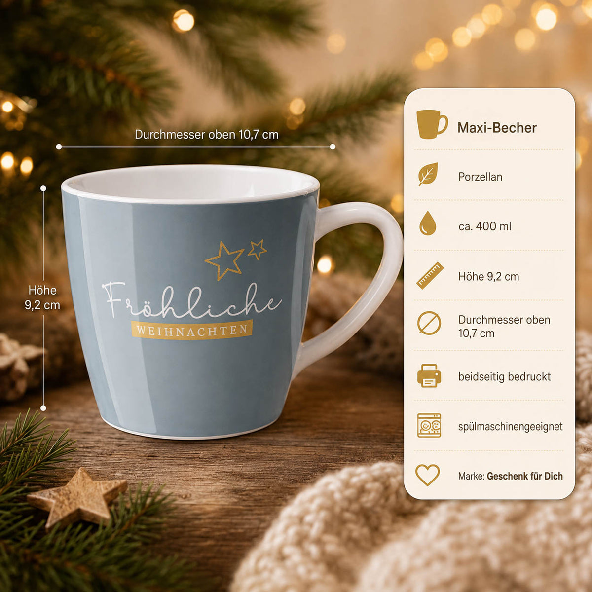 Maxi Becher „Fröhliche Weihnachten" Cosy – Porzellan, 400 ml, spülmaschinengeeignet