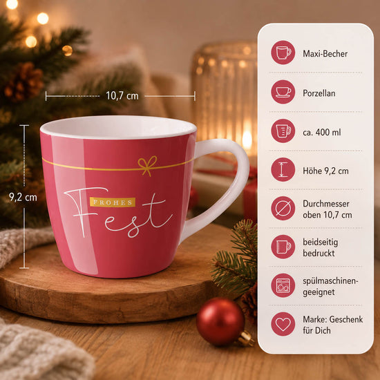 Maxi Becher „Frohes Fest" Cosy – Porzellan, 400 ml, spülmaschinengeeignet