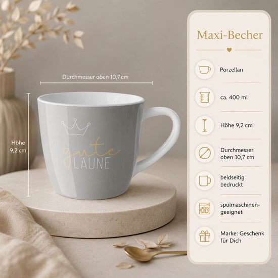 Maxi Becher „Gute Laune" Cosy – Porzellan, 400 ml, spülmaschinengeeignet