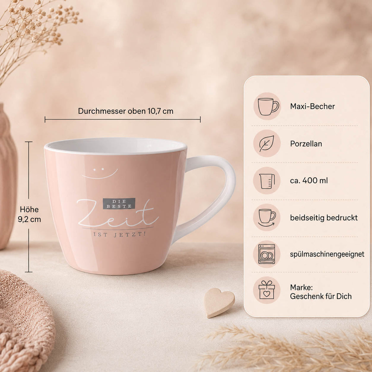 Maxi Becher „Die beste Zeit ist jetzt" Cosy – Porzellan, 400 ml, spülmaschinengeeignet
