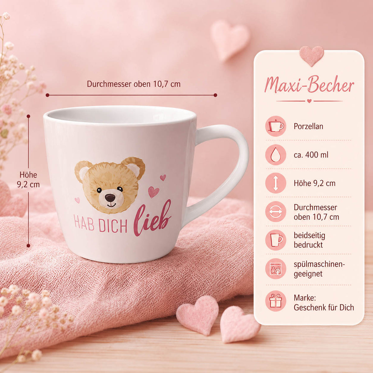 Maxi Becher „Hab Dich lieb" – Porzellan, 400 ml, spülmaschinengeeignet