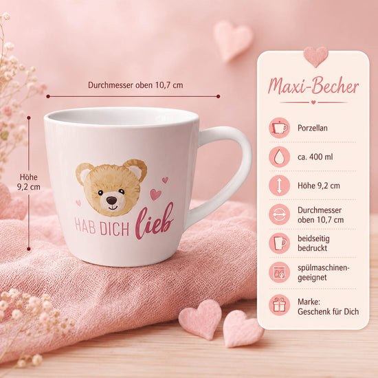 Maxi Becher „Hab Dich lieb" – Porzellan, 400 ml, spülmaschinengeeignet