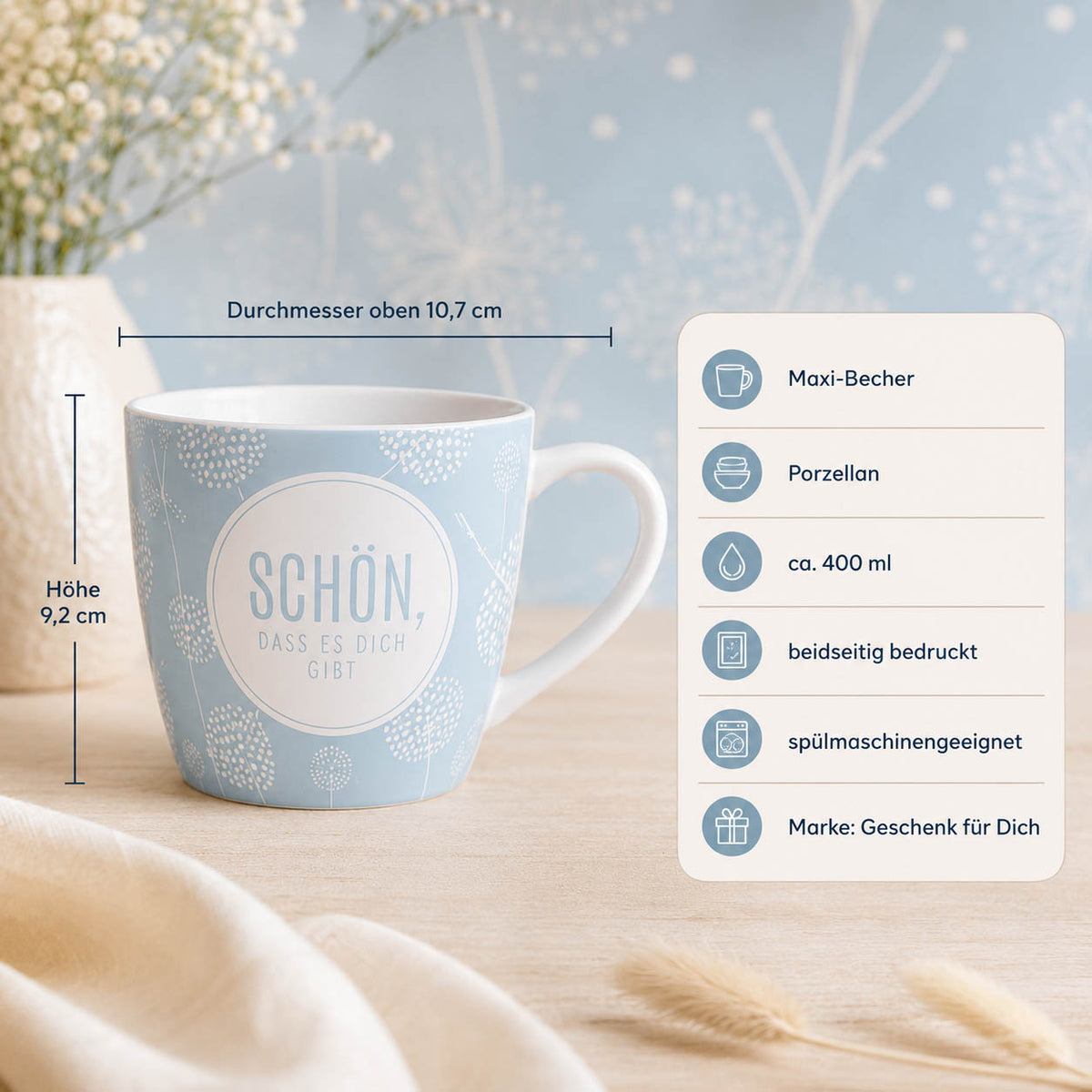 Maxi Becher „Schön, dass es Dich gibt" Relax – Porzellan, 400 ml, spülmaschinengeeignet