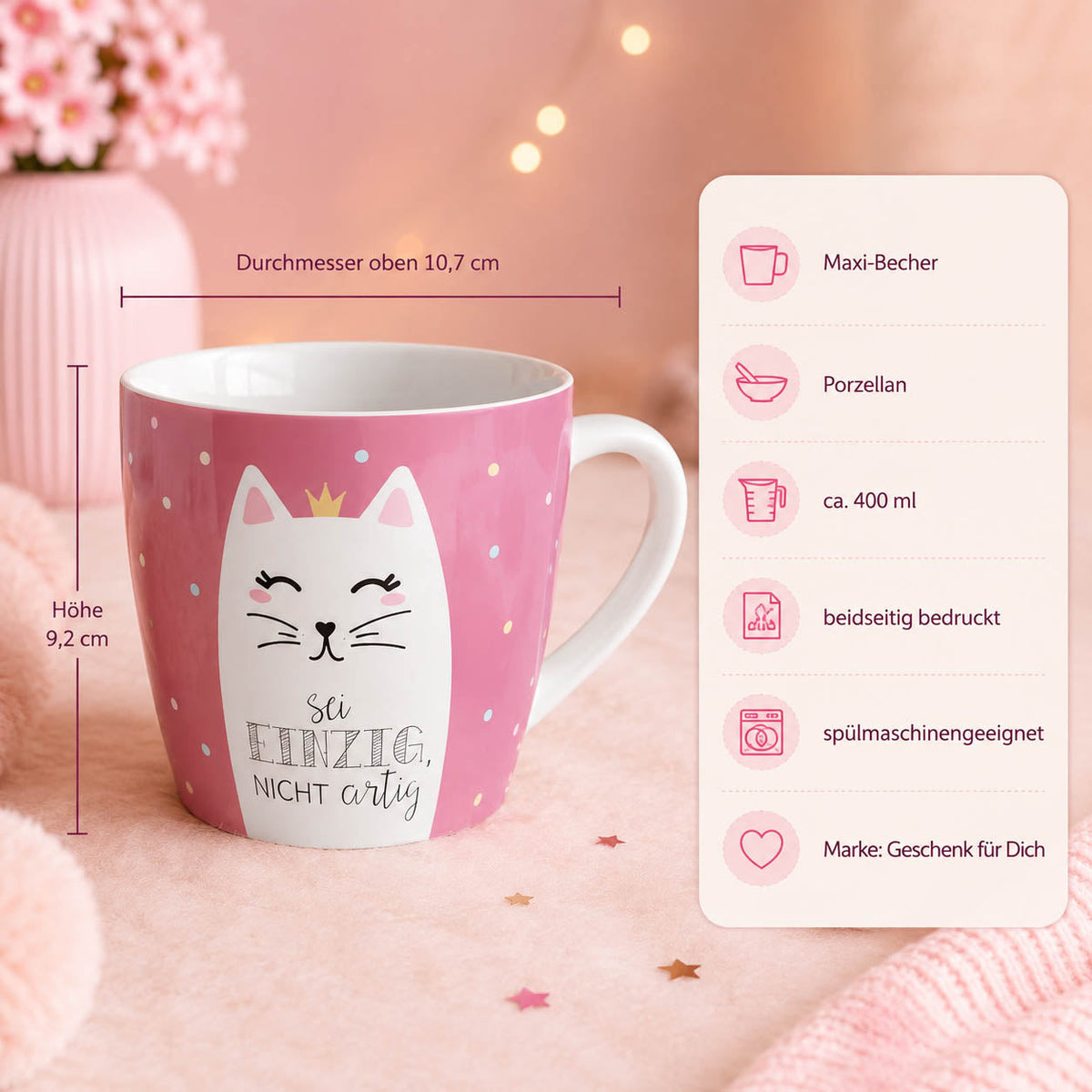 Maxi Becher „Sei einzig, nicht artig" Katze – Porzellan, 400 ml, spülmaschinengeeignet