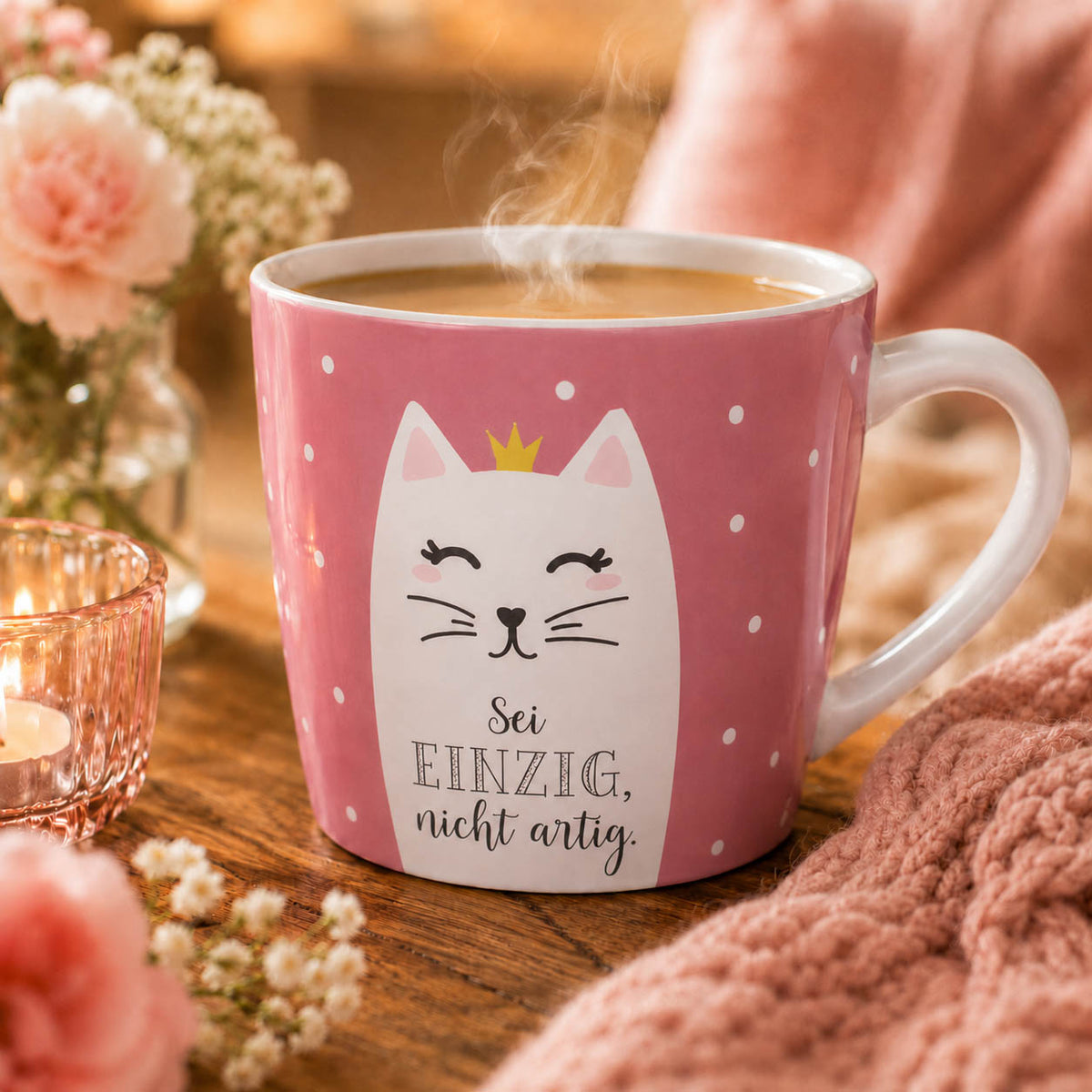 Maxi Becher „Sei einzig, nicht artig" mit Katze – große Tasse im Alltag
