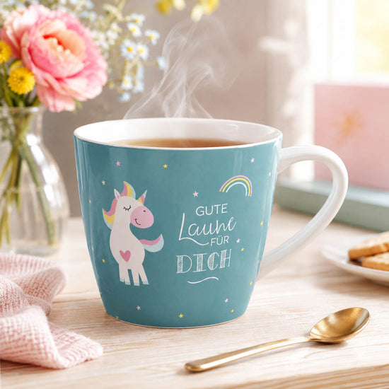 Maxi Becher „Gute Laune für Dich" mit Einhorn – große Tasse im Alltag