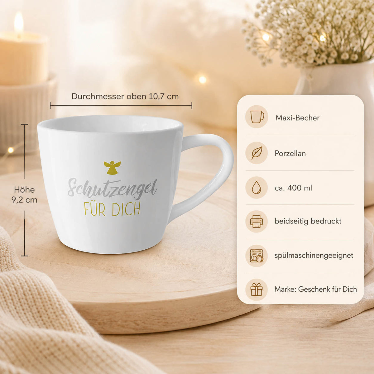 Maxi Becher „Schutzengel für Dich" – Porzellan, 400 ml, spülmaschinengeeignet