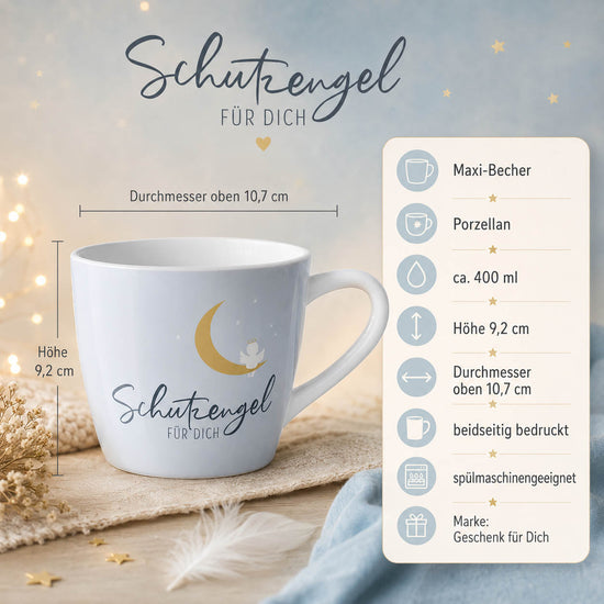 Maxi Becher „Schutzengel für Dich" Engel auf Mond – Porzellan, 400 ml, spülmaschinengeeignet