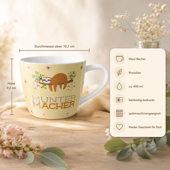 Maxi Becher „Muntermacher" Faultier – Porzellan, 400 ml, spülmaschinengeeignet
