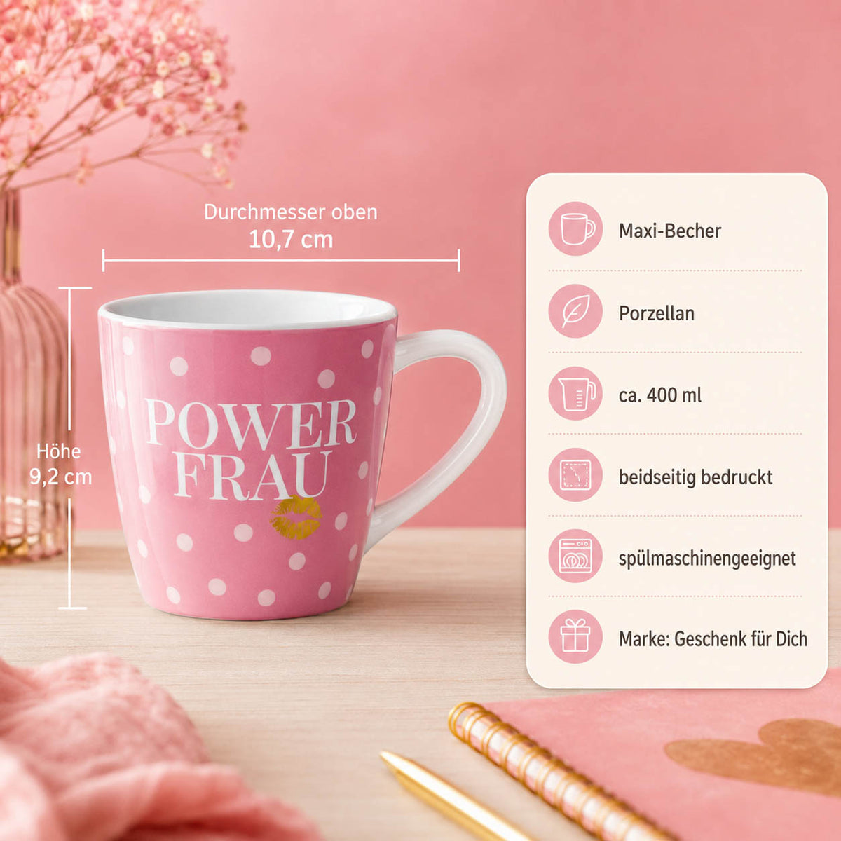 Maxi Becher „Power Frau" – Porzellan, 400 ml, spülmaschinengeeignet
