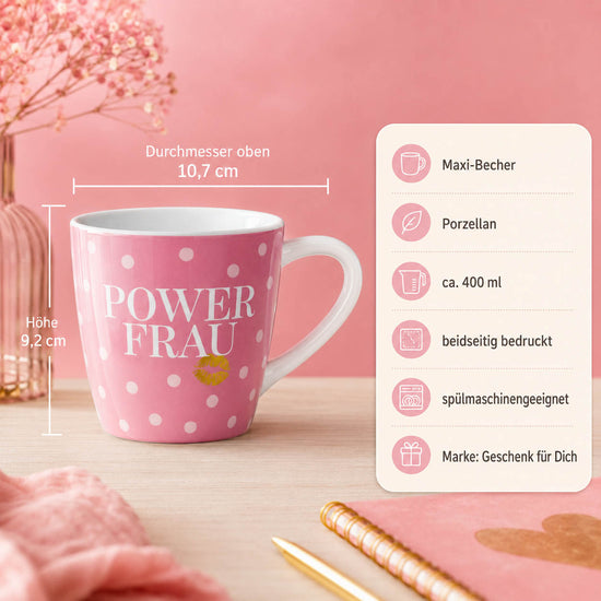 Maxi Becher „Power Frau" – Porzellan, 400 ml, spülmaschinengeeignet