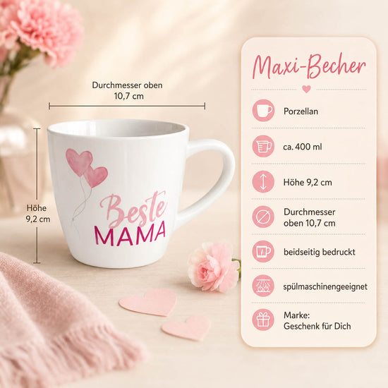 Maxi Becher „Beste Mama" – Porzellan, 400 ml, spülmaschinengeeignet
