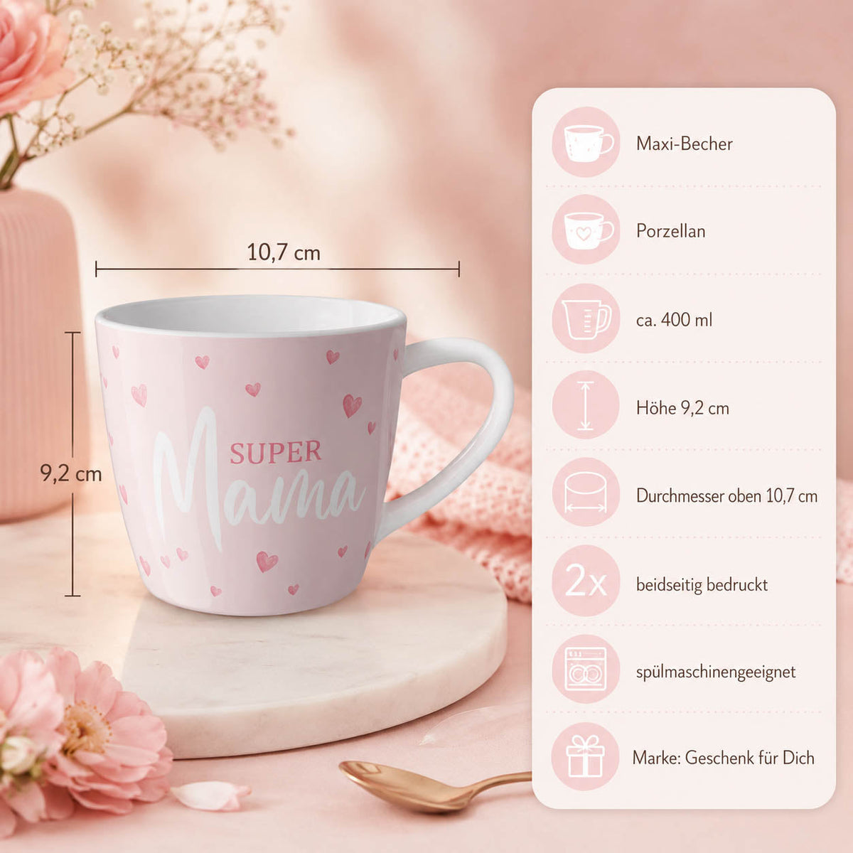 Maxi Becher „Super Mama" – Porzellan, 400 ml, spülmaschinengeeignet