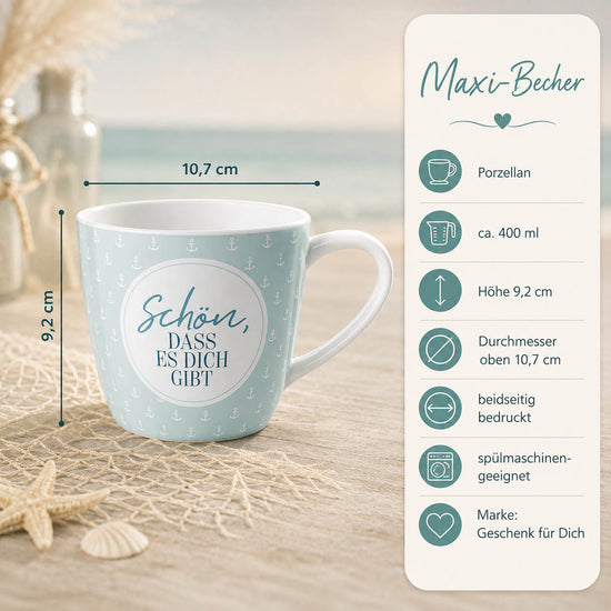 Maxi Becher „Schön, dass es Dich gibt" Ahoi – Porzellan, 400 ml, spülmaschinengeeignet