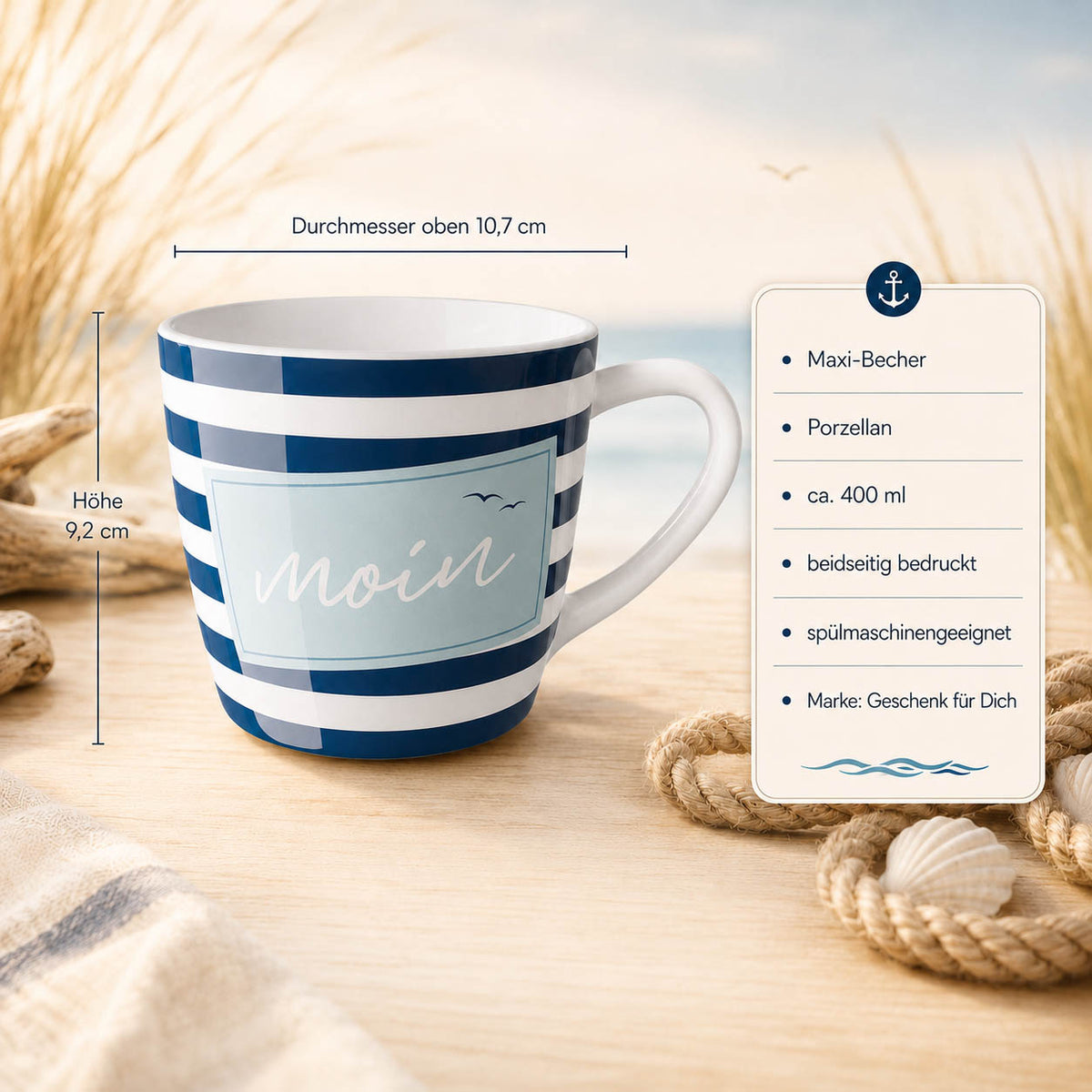 Maxi Becher „Moin" Ahoi – Porzellan, 400 ml, spülmaschinengeeignet