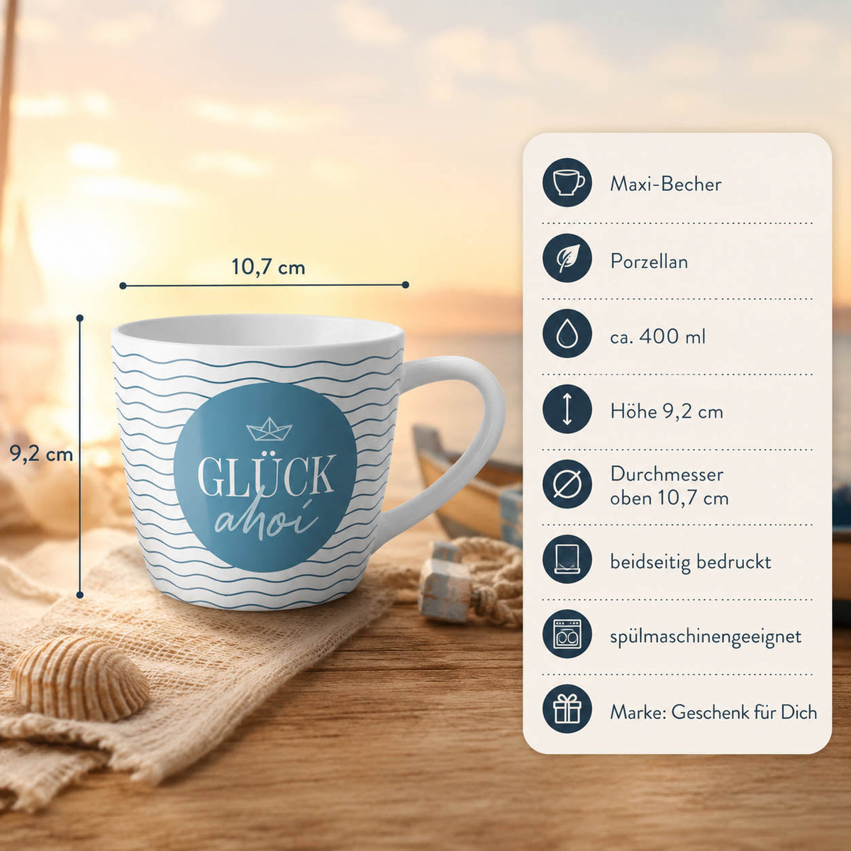 Maxi Becher „Glück Ahoi" – Porzellan, 400 ml, spülmaschinengeeignet
