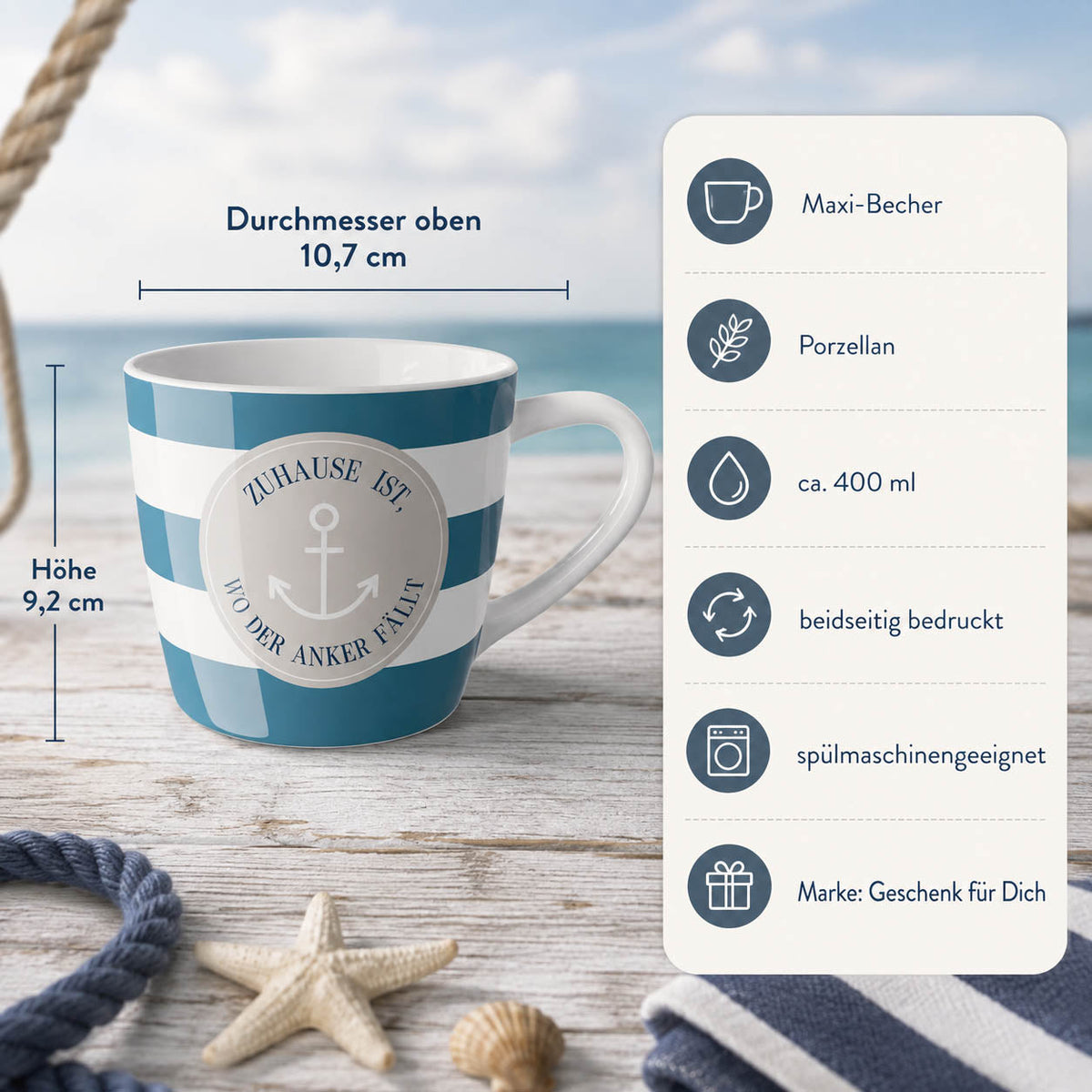 Maxi Becher „Zuhause ist, wo der Anker fällt" Ahoi – Porzellan, 400 ml, spülmaschinengeeignet
