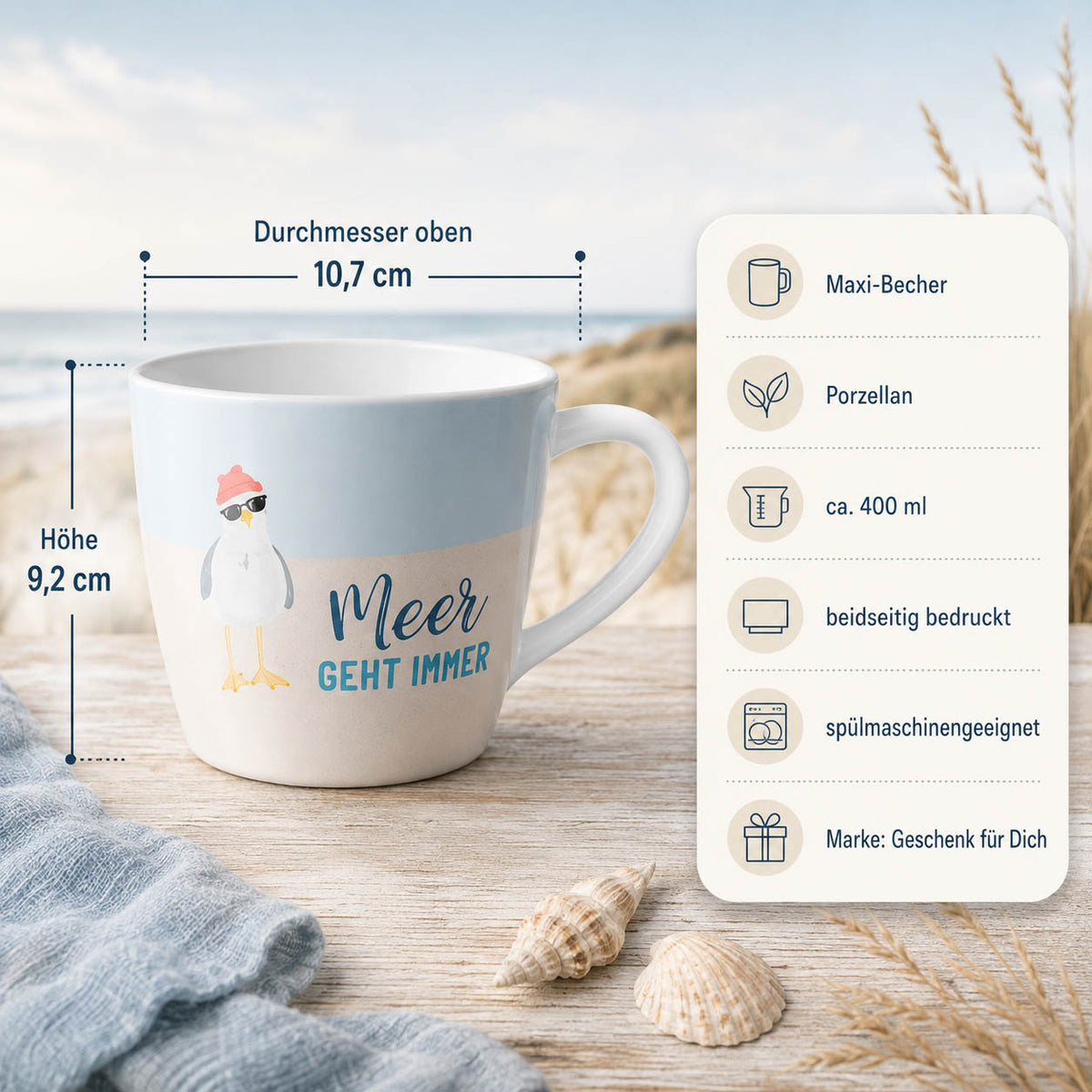 Maxi Becher „Meer geht immer" Möwe – Porzellan, 400 ml, spülmaschinengeeignet