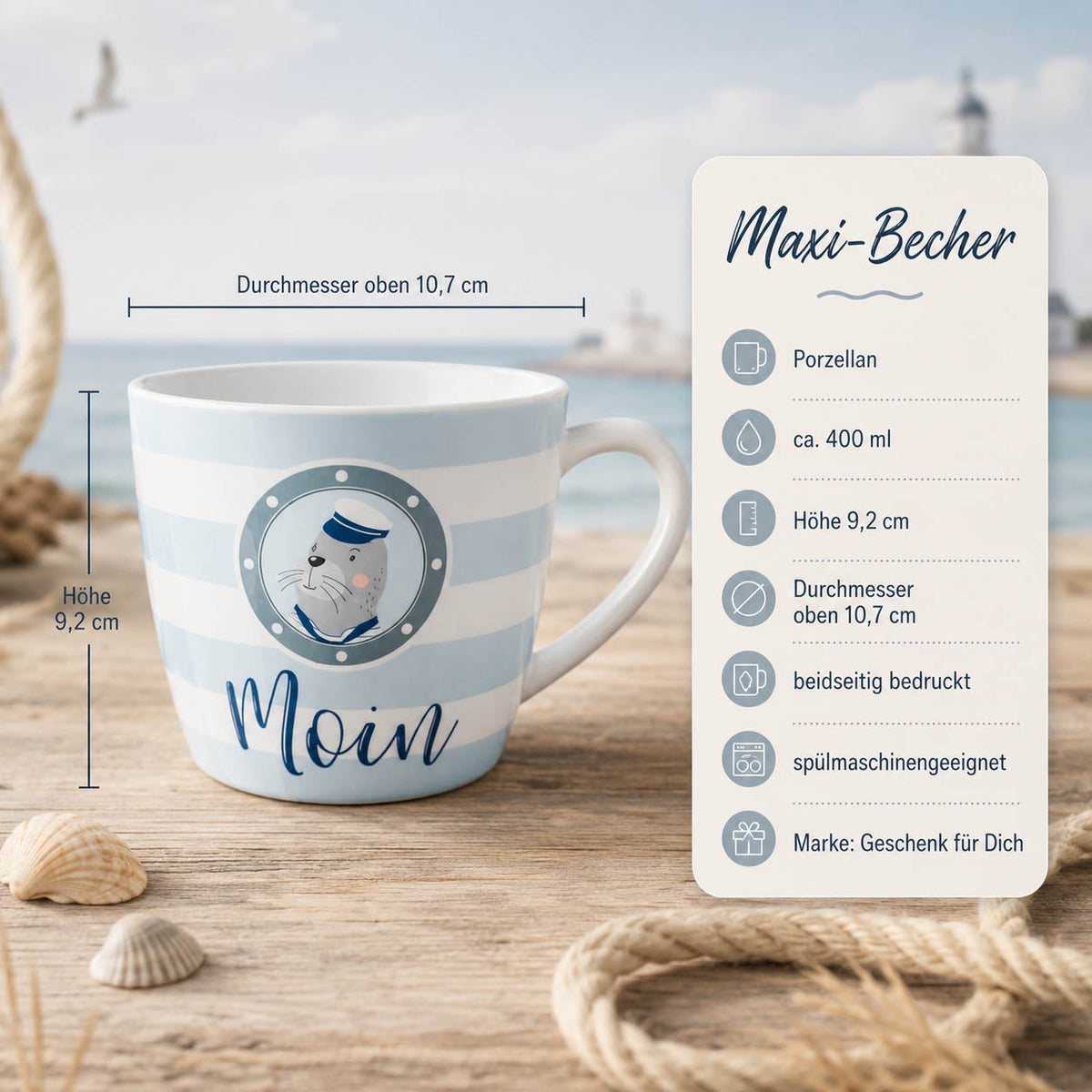 Maxi Becher „Moin" Seehund – Porzellan, 400 ml, spülmaschinengeeignet