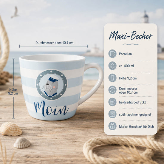 Maxi Becher „Moin" Seehund – Porzellan, 400 ml, spülmaschinengeeignet