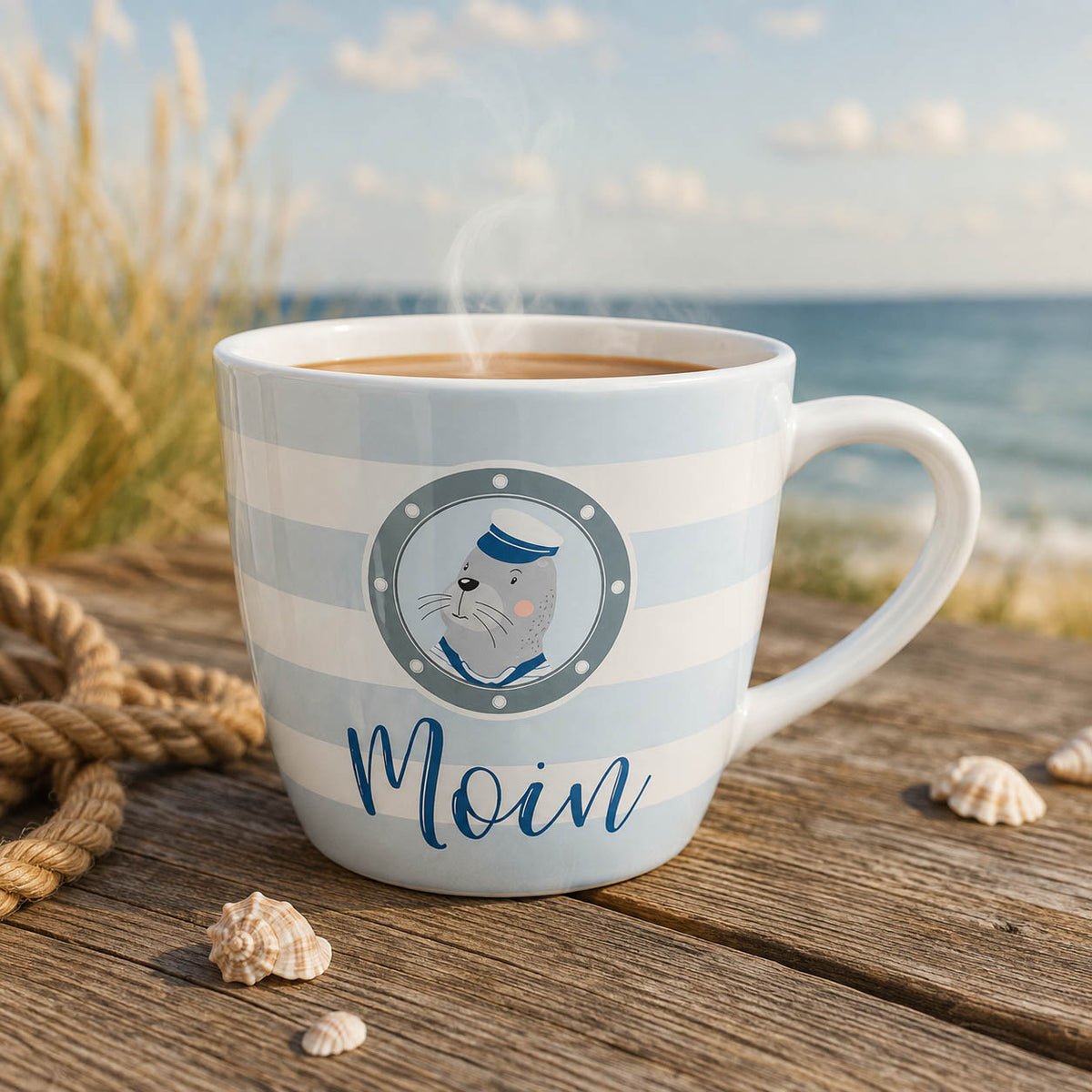 Maxi Becher „Moin" mit Seehund – große Tasse im maritimen Alltag