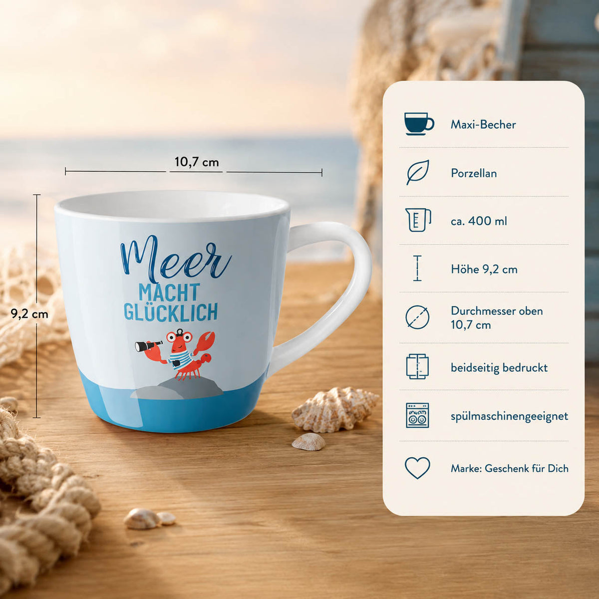 Maxi Becher „Meer macht glücklich" Krabbe – Porzellan, 400 ml, spülmaschinengeeignet