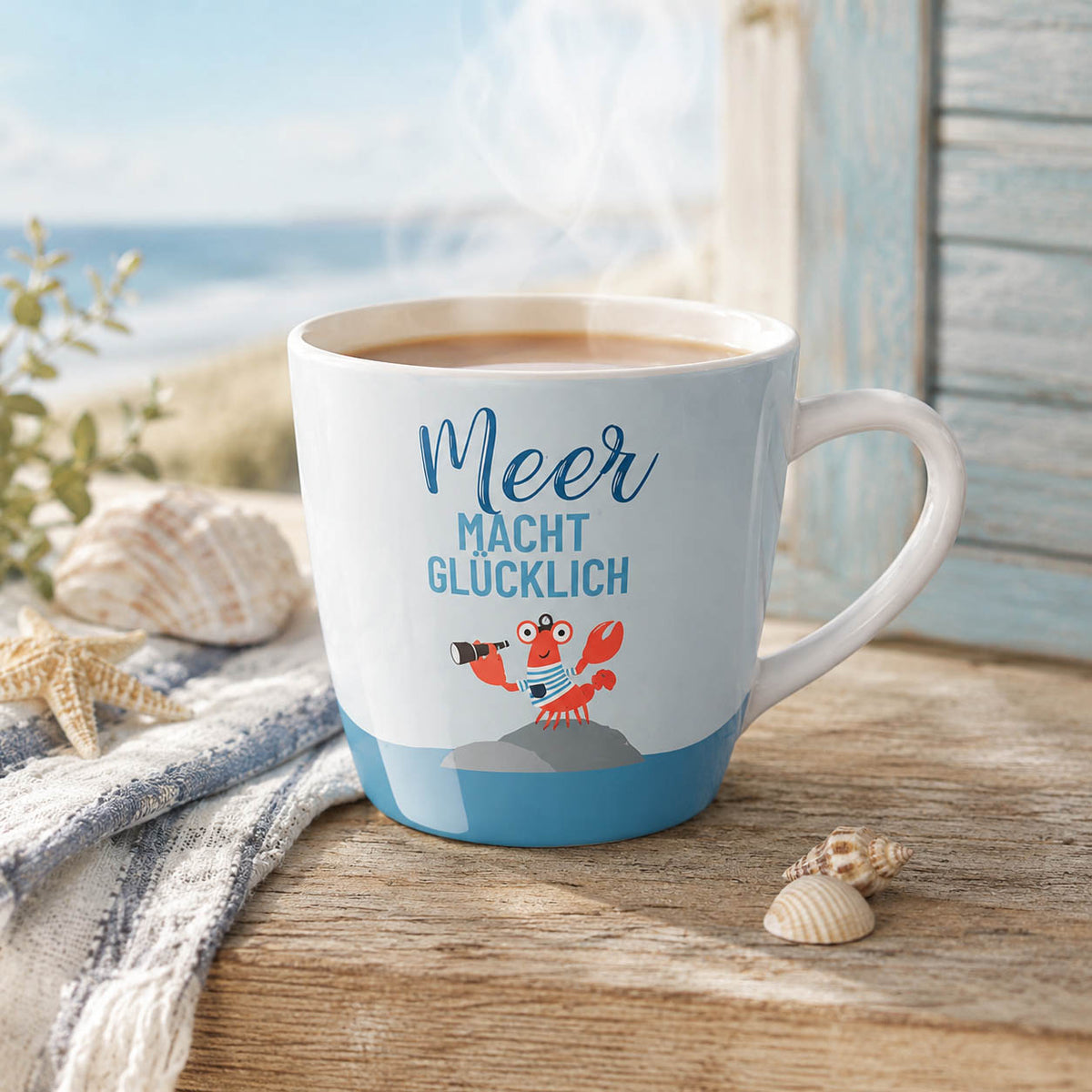 Maxi Becher „Meer macht glücklich" mit Krabbe – große Tasse im maritimen Alltag