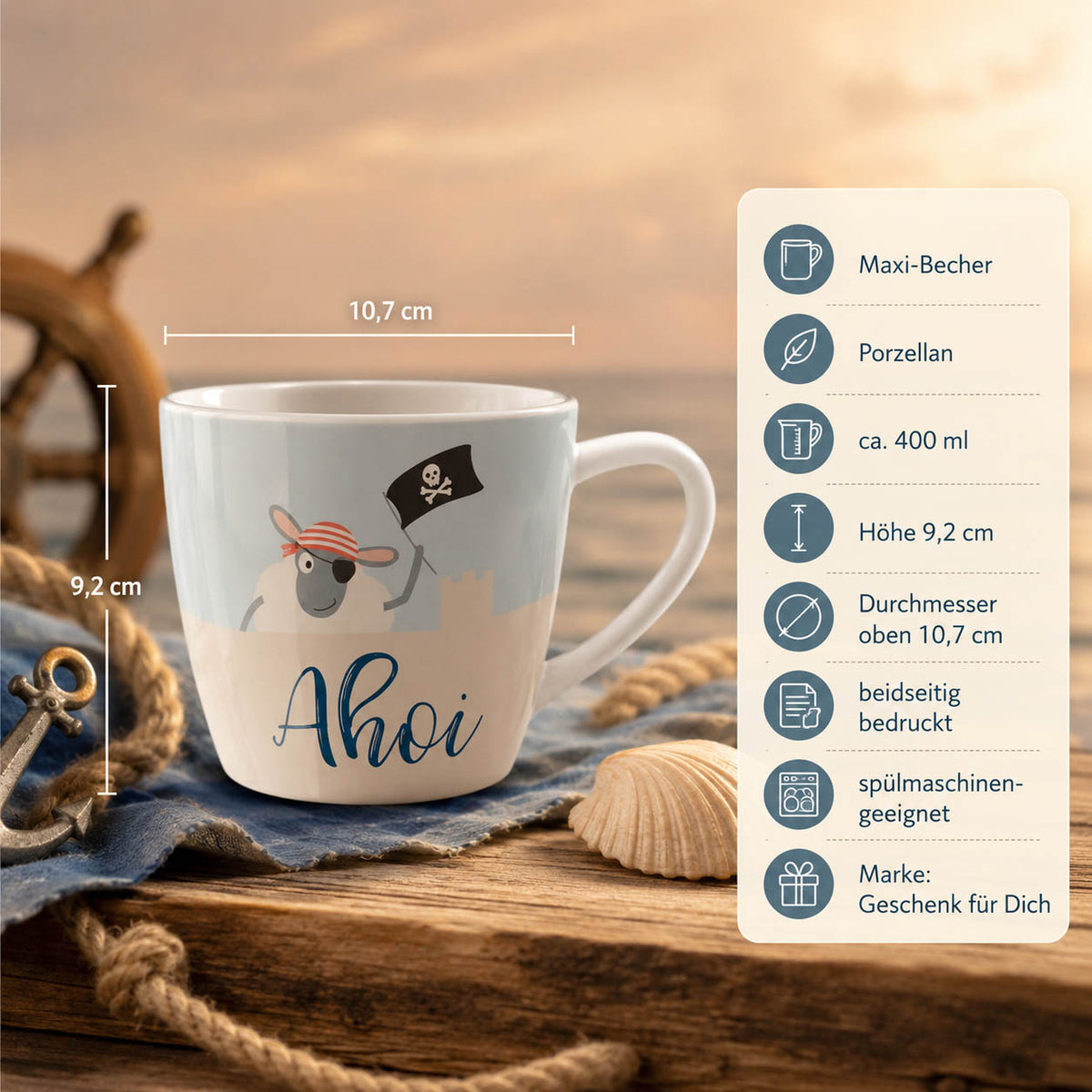 Maxi Becher „Ahoi" Schaf – Porzellan, 400 ml, spülmaschinengeeignet